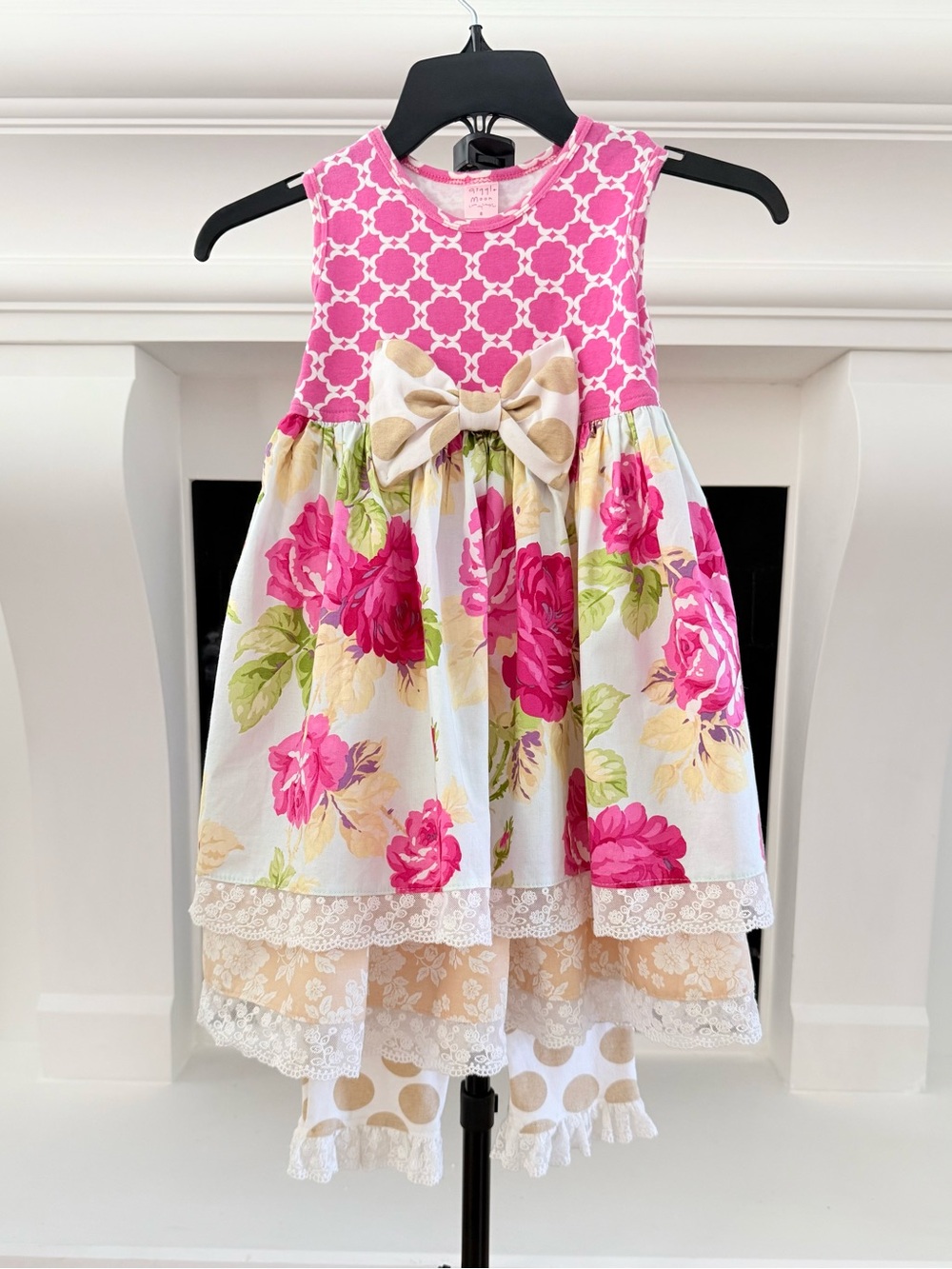 Giggle Moon Pink Floral Bow Layered Dress with Ruffle Leggings- Girls 8